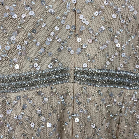 Adrianna Papell Gown Beaded Mesh Diamond Pattern Short Sleeve Champagne 6 Petite - Picture 11 of 16
